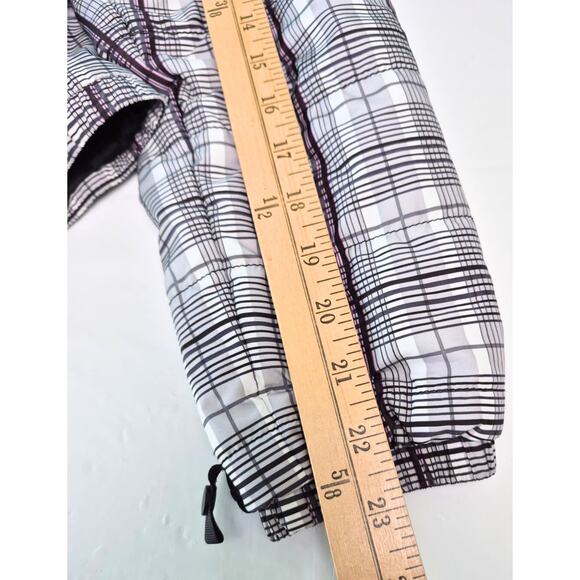North Face Womens Short Jacket Thin Puffer Plaid White Black Purple Logo Winter - Picture 8 of 8